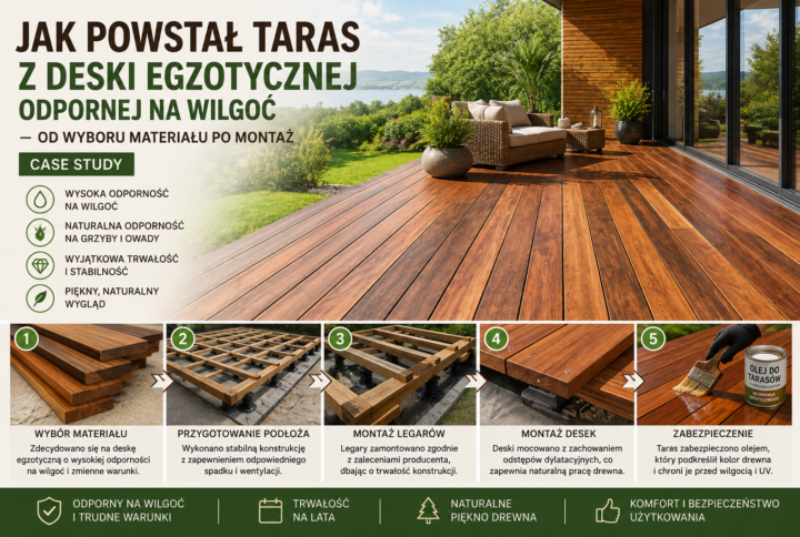 Jak powstał taras z deski egzotycznej odpornej na wilgoć – od wyboru materiału po montaż – Case Study